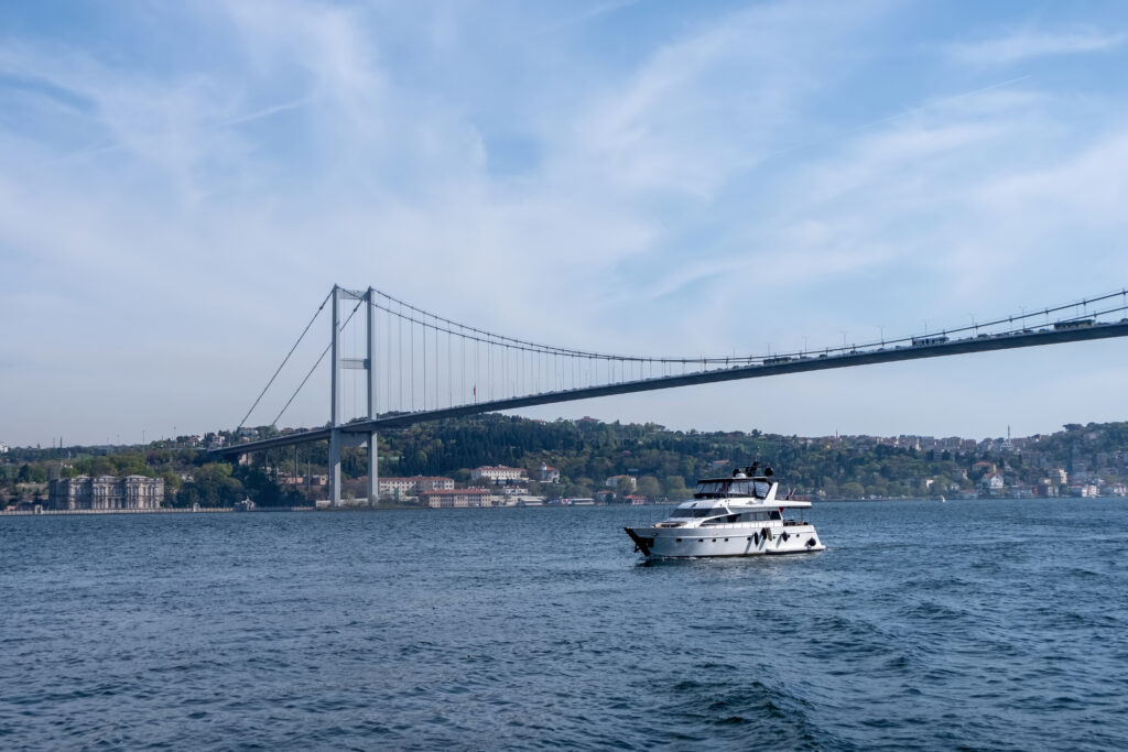 landscape of the one side of the bosphorus and a boat passing by